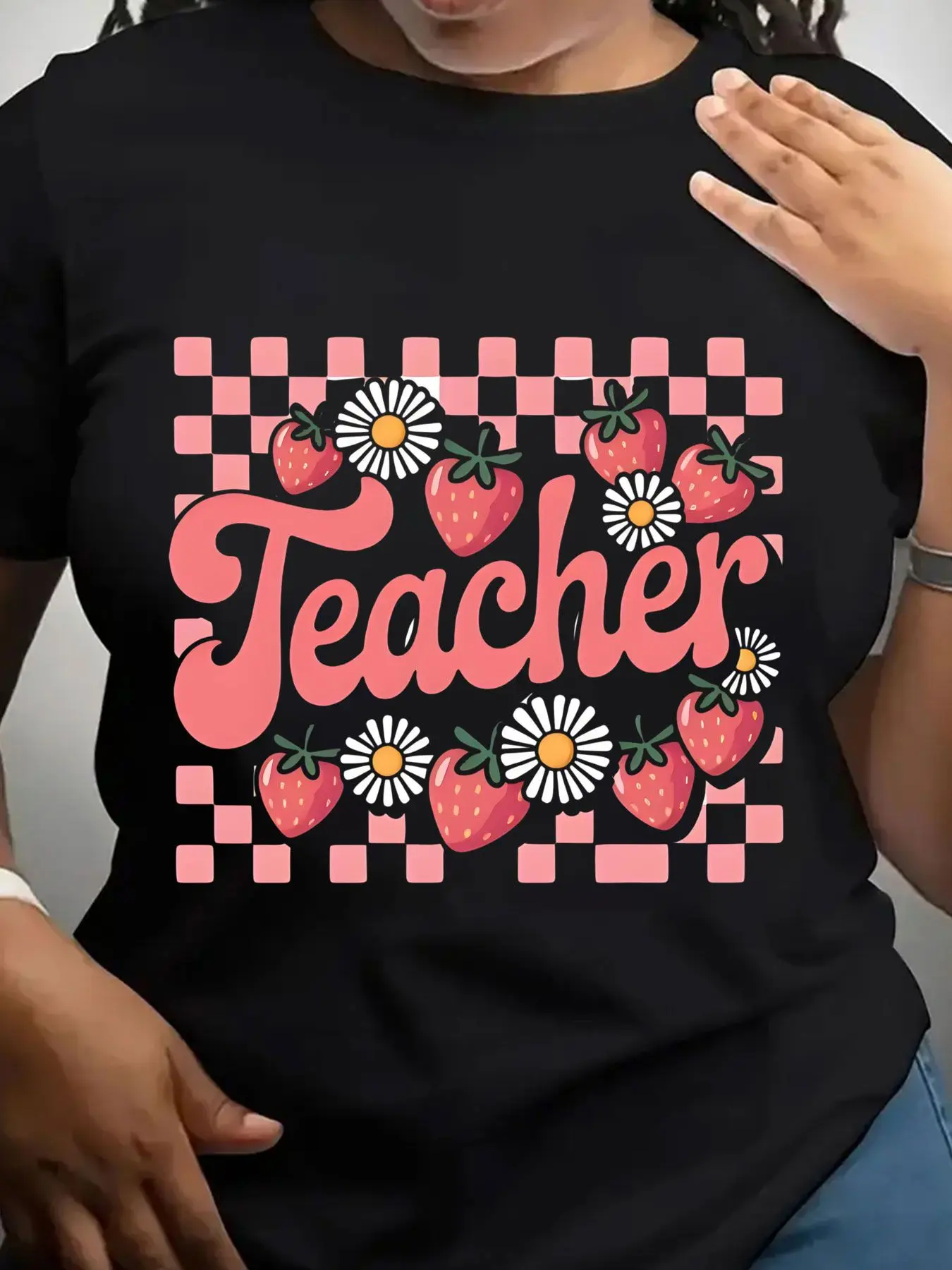 Women's Trendy Crew Neck T-Shirt Teacher Strawberry Daisy Checkered Pattern Suitable for Casual Sportswear