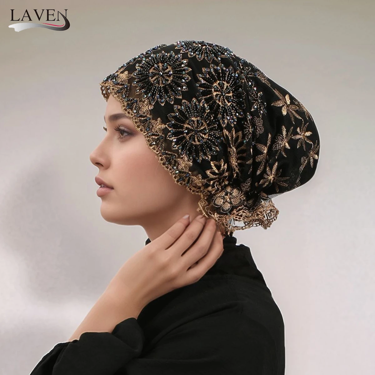 

Fashion Luxury Muslim Pearl Lace Inner Cap Elastic Islamic Headwear for Women Elegant Prayer Cap Decorative Head Cover
