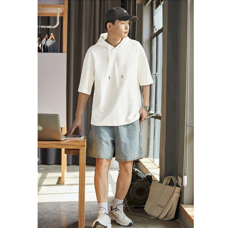 Summer Men Drawstring Hooded Short Sleeve Sweatshirts Thin Teenager Fashion Simple All-match 2xl Oversized Clothing Black White