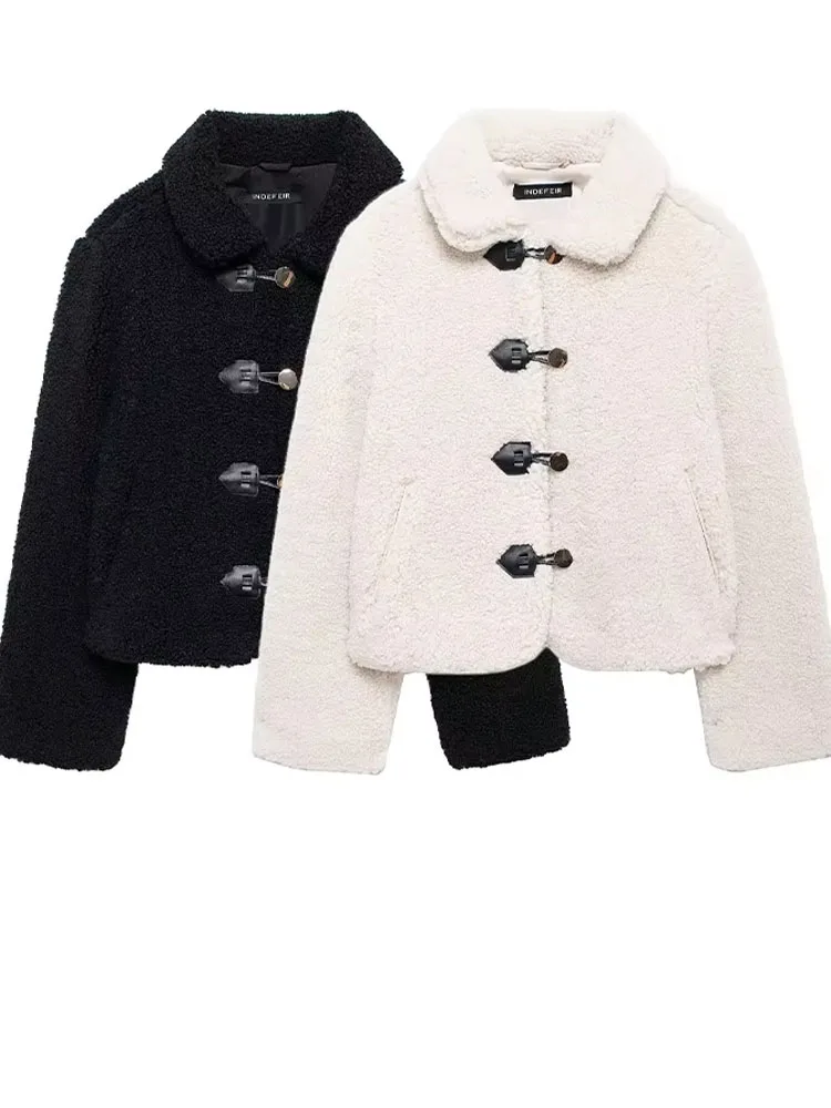 Dames 2024 Chique Effen Witte Jas Turn-down Kraag Lamswol Single-breasted Zak Dames High Street Korte Jas Winter