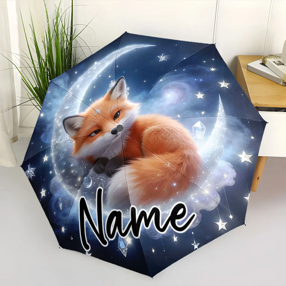 Custom Name Starry Fox Dream Umbrella Print 8 Iron Ribs Folding Umbrella Auto-Open Fashion Sunshade