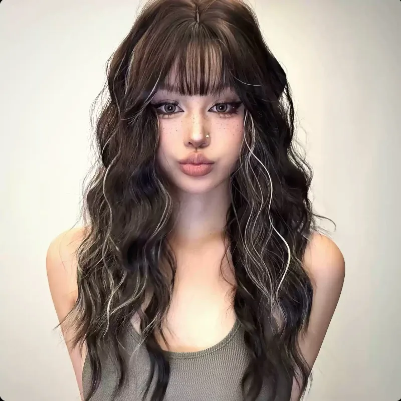 Layered Long Wool Curly Wig Black Brown with Cream White Highlights with Bangs High Temperature Fiber Wig for Daily Wear Cosplay