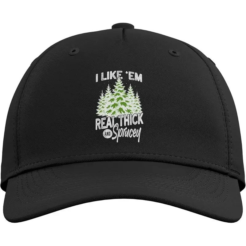 I Like Em Real Thick and Sprucey Funny Christmas Tree Adjustable Baseball Hat