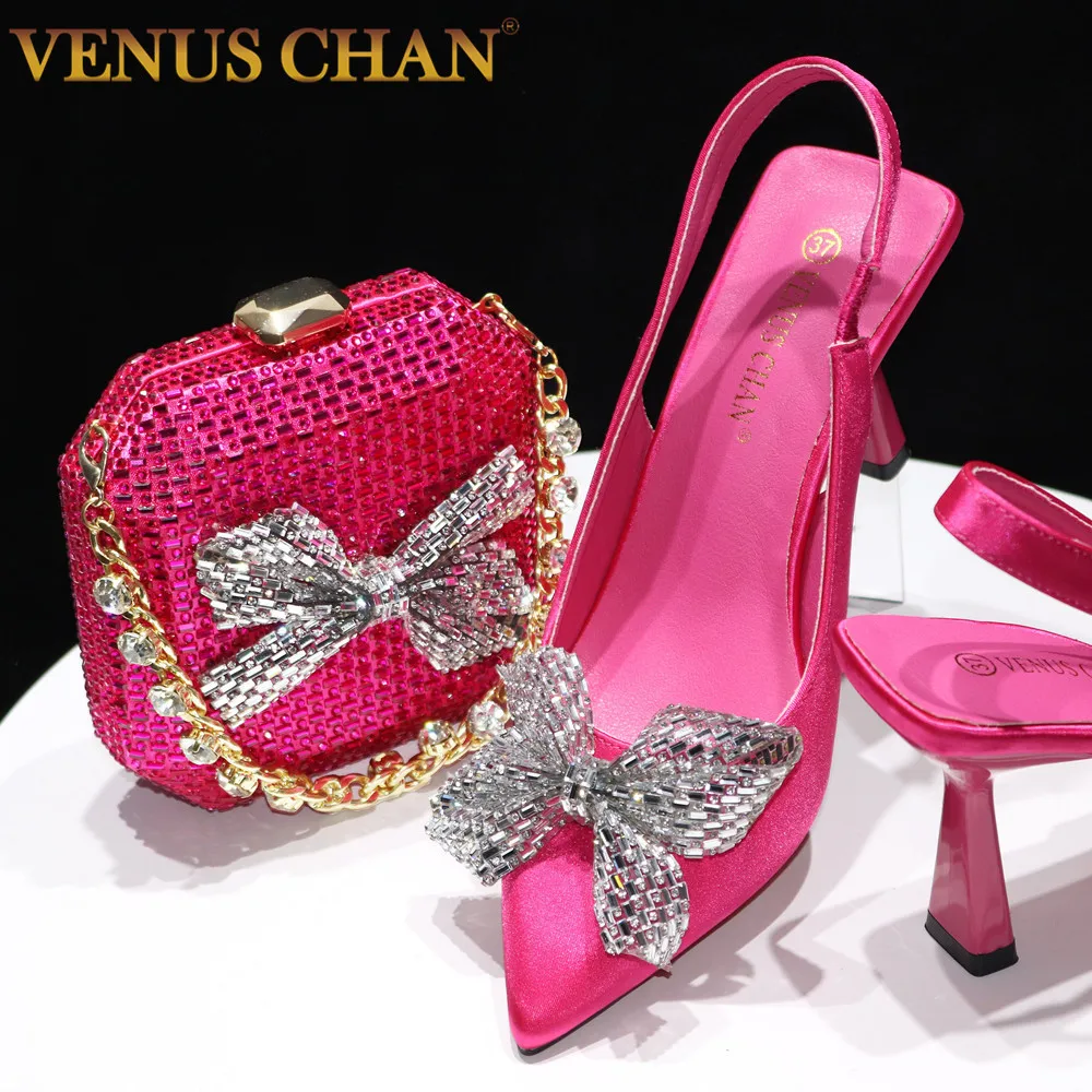 Italian Design Elegant Fuchsia Bow Rhinestone Pumps with Venus Chan Pointed Toe for Women 2024 Party Shoes and Bags Matching Set