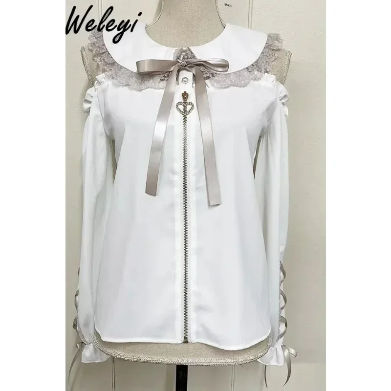 Jirai Kei Blouse Ladies 2024 Spring and Autumn Japanese Style Massed Production Mine Sweet Women Off Shoulder Sailor Collar Top