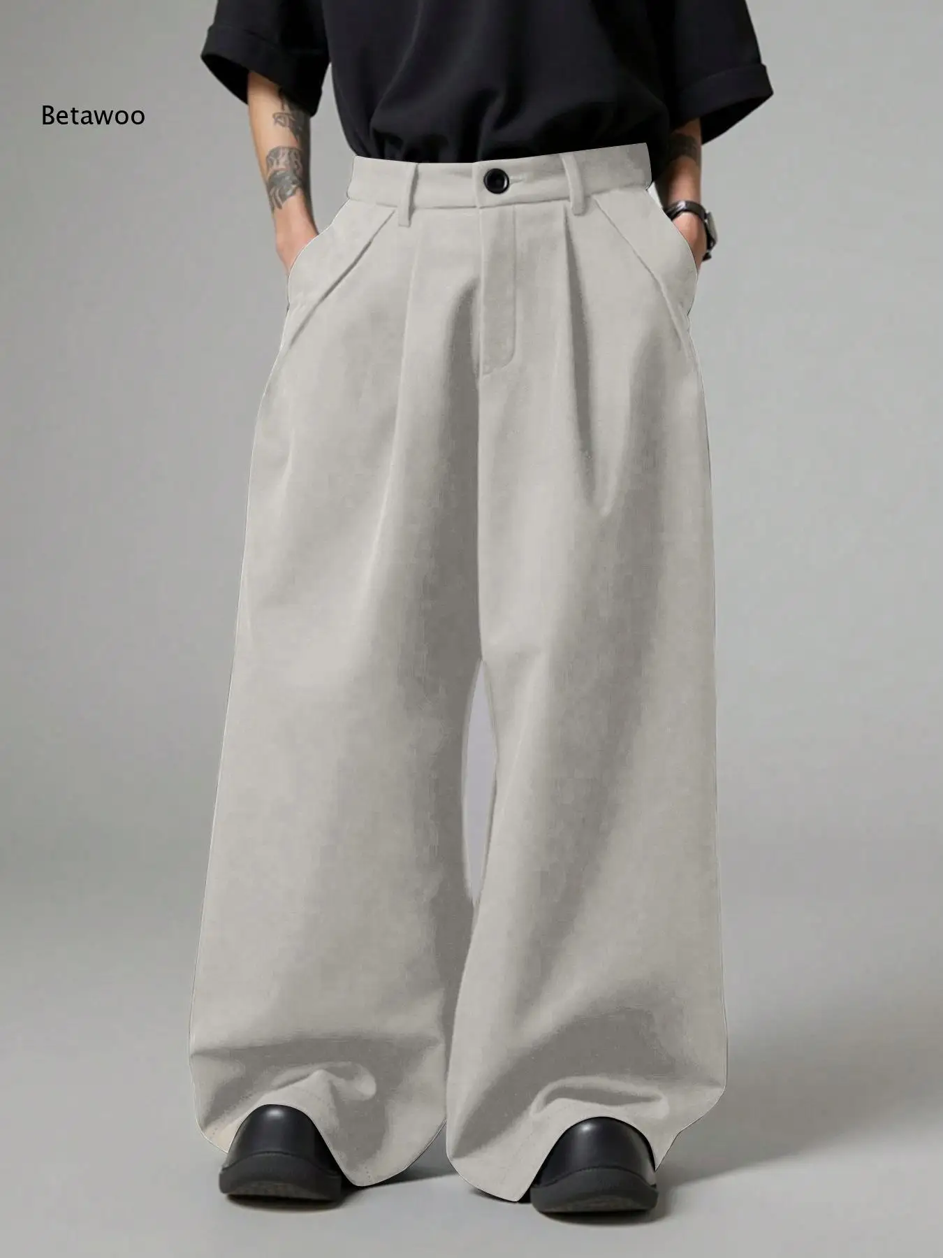 High Waist Pleated Wide Leg Trousers For Men Solid Color Loose Cut Casual Suit Pants For Street Look And Daily Commute Outfits