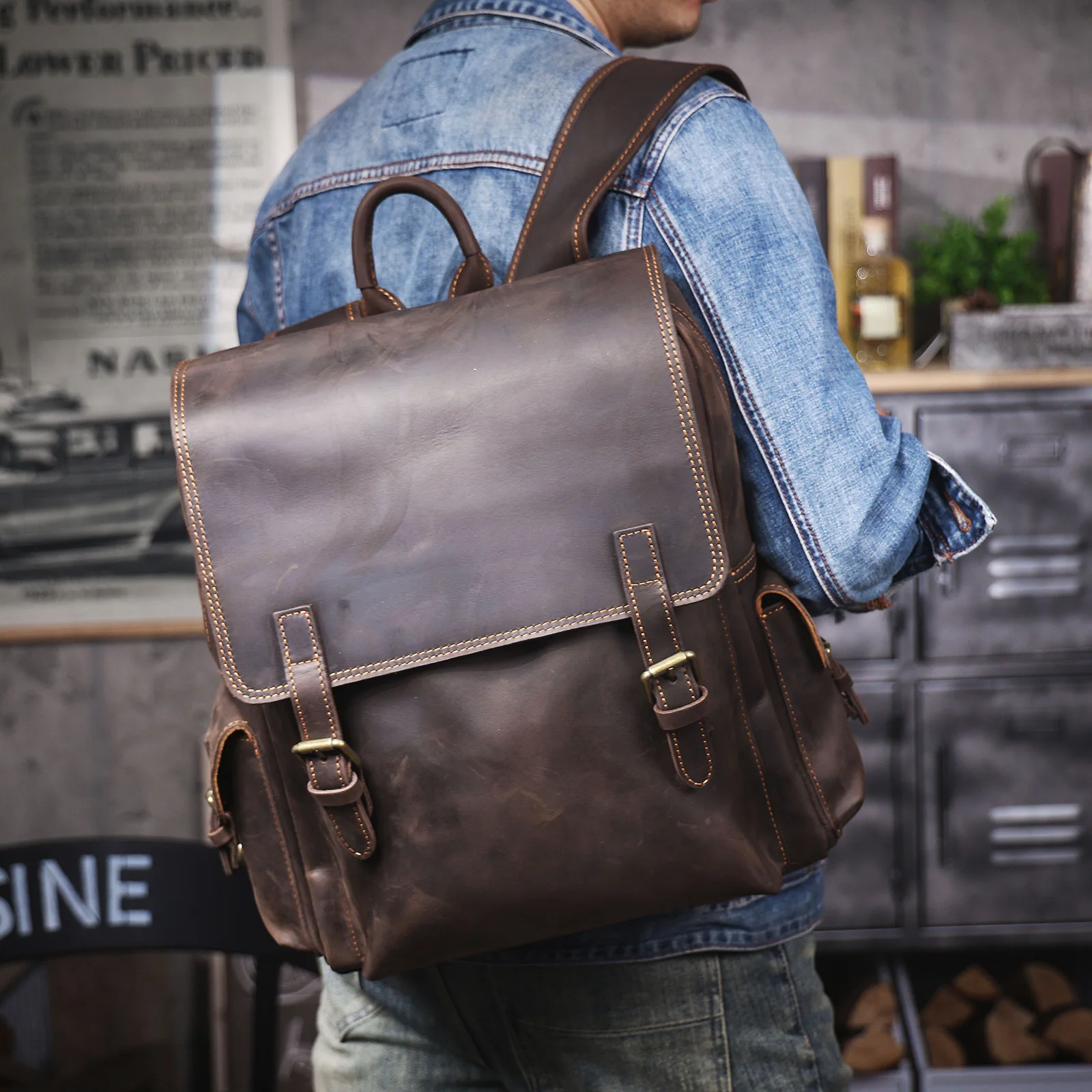 S.WORKER Vintage Echtleder-Rucksack 15" Laptop-Tasche Lässige Crazy-Horse-Leder-Schultasche Outdoor-Reise-Weekender-Tasche – Detail 4