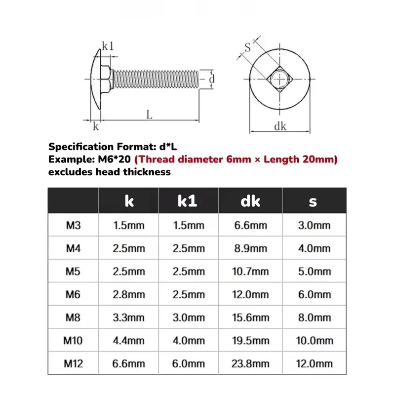8 To 100mm Length Black 304 Stainless Steel Round Head Square Neck Carriage Bolt M5 To M12 Fastening Screw