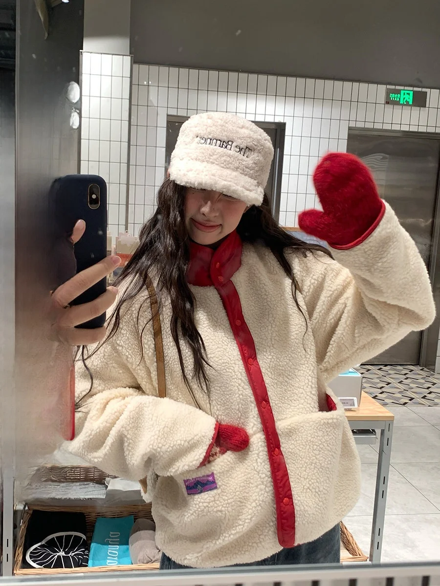 

Double-Sided Wear Lamb Fur Jaet Women's Loose Fit Slimming Casual Warm Stand Collar Cotton Coat Active Color Contrast