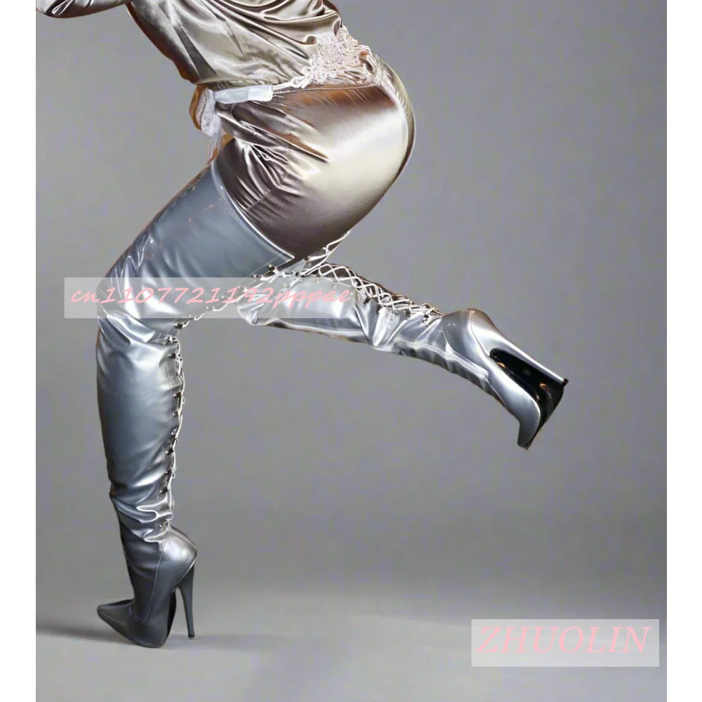 Silver Super High Heel Cross-Strap Over-The-Knee Boots Women'S Pointed Toe Side Zipper Long Boots Party Pole Dancing Boots 46