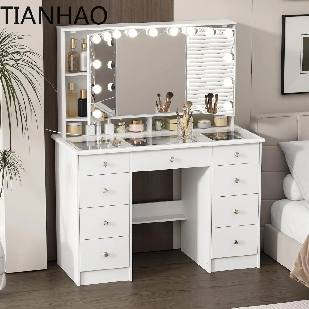 luxurious large makeup vanity desk with glass top, mirror, and led bulb lights, featuring 9 storage drawers