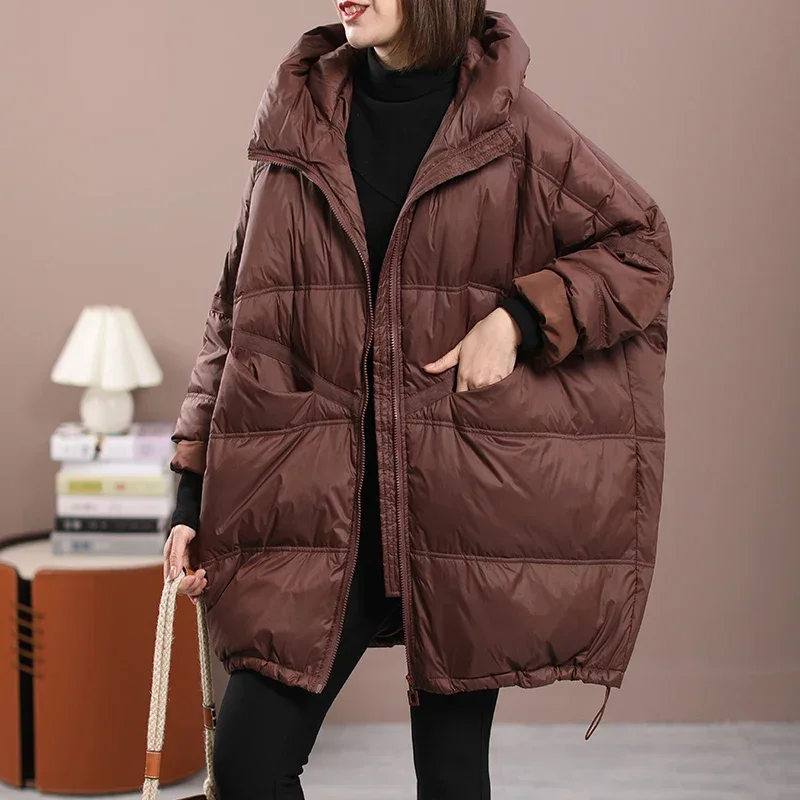 New Winter Women White Duck Down Loose Jacket with Hood Female Thick Warm Outwear Casual Over Size Patchwork Coats Jackets