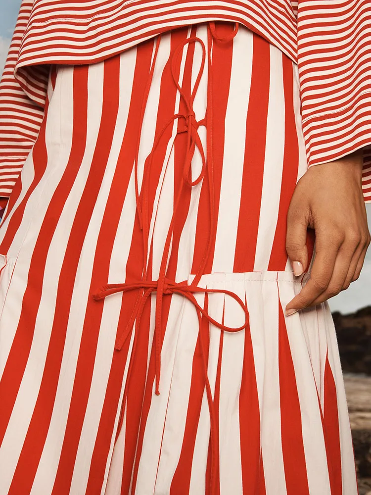 Faionable  Knot Stripe Midi Skirt Women's New Arrival Slimming mid Waist Summer 2025 Trendy Ethnic Stage Costume