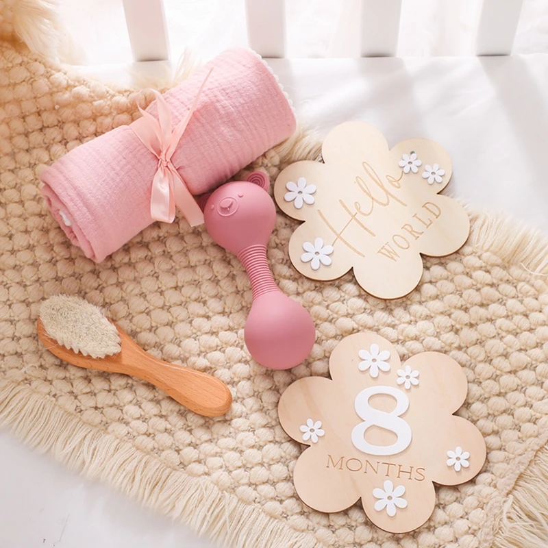 Baby Handbell Toy Bath Stuff Towel Cotton Blanket Brush Set 0-12 Month Newborn Baby Wooden Milestone Infant Birthday Gift Box