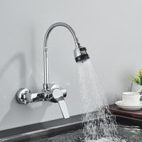 Chrome Wall Mounted Two Hole Kitchen Faucet Lead Free Hot and Cold Water Mixing Tap Water Flow Spray Aerator 360 Degree Rotating