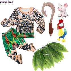 Boys Costume 3D Totem Printing Maui Moana Cosplay Long Sleeve Top Trousers Set Halloween Carnival Party Outfits For Boy