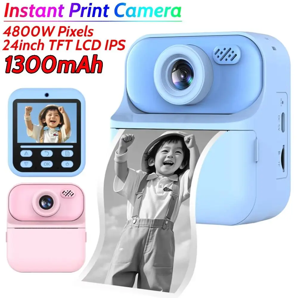 24インチhd画面サーマルプリントカメラ、プリント用紙付き、デュアルレンズ、子供用デジタルカメラ、吊り下げストラップ付き