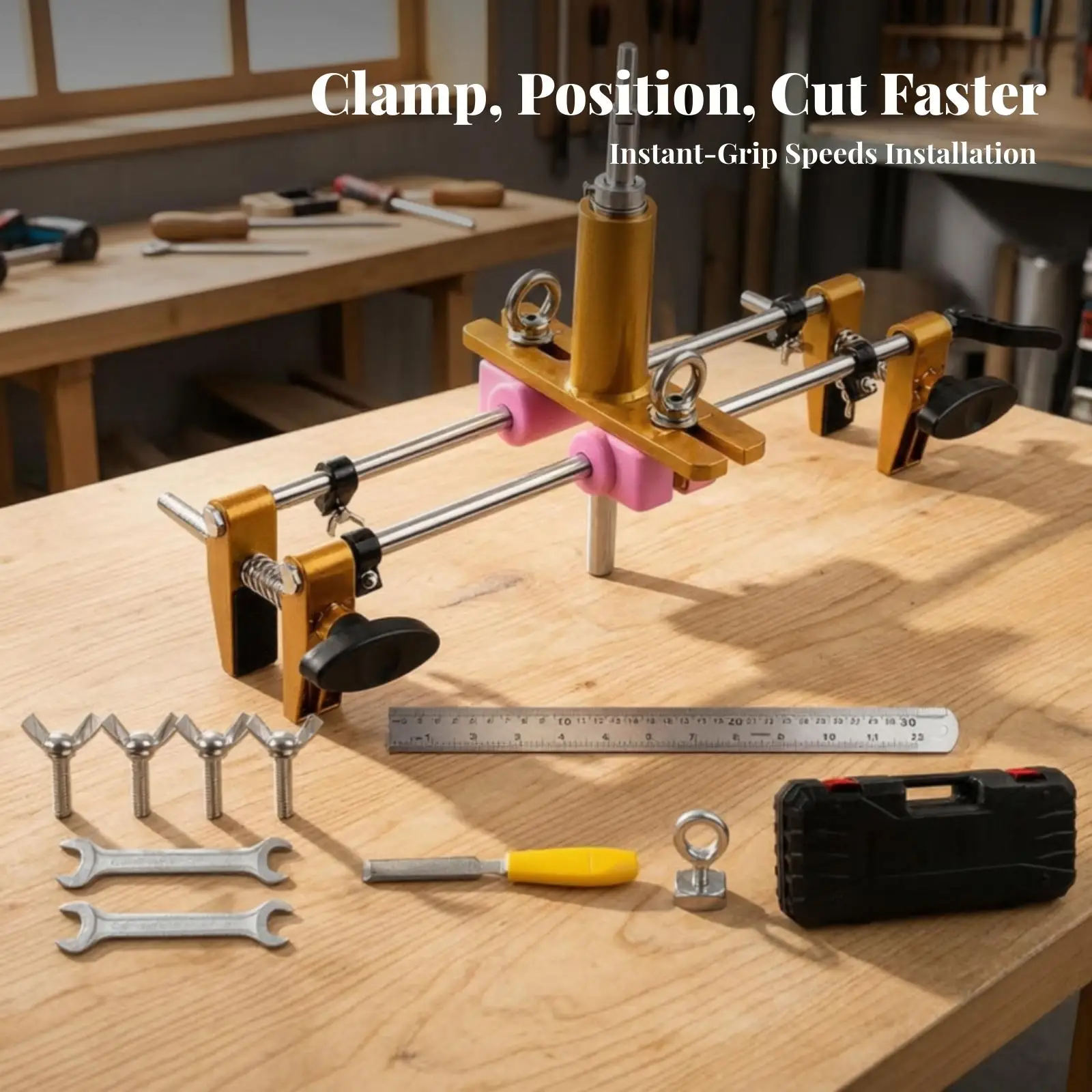 Professional Door Lock Installation Router Guide Jig for Woodworking with Three Tungsten Steel Cutter Heads and Clamp Style