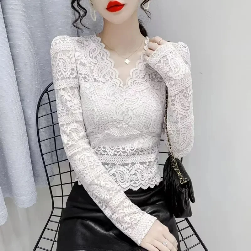 

Shirts & Blouses V-neck Lace Bottoming Shirt Womens Spring Style with Loose and Fashionable Long-sleeved Hollowed-out Short tops