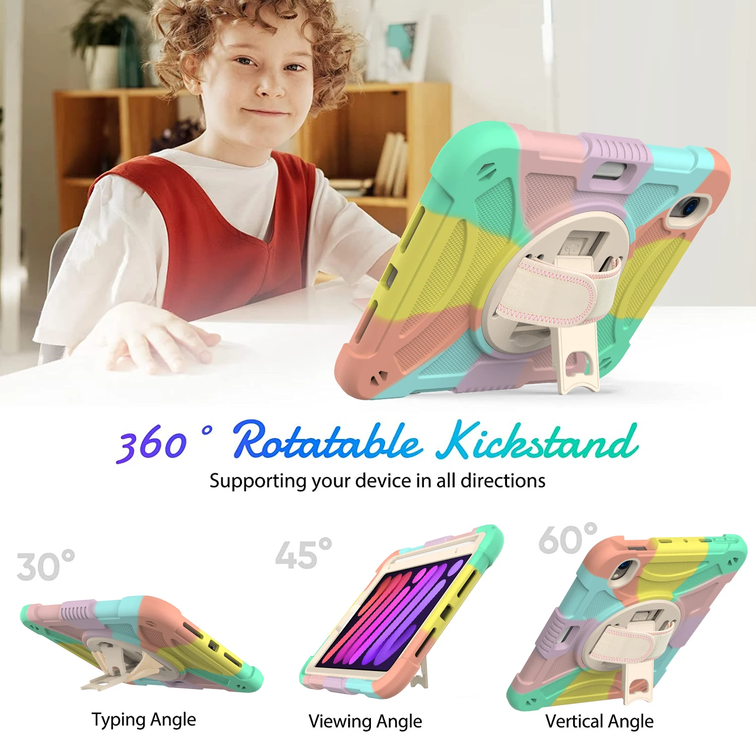 360° Rotation Case for iPad mini6 Drop Protection Cover for iPad 8.3'' 2021 Kickstand Tab Case with Shoulder Strap Pen Slot