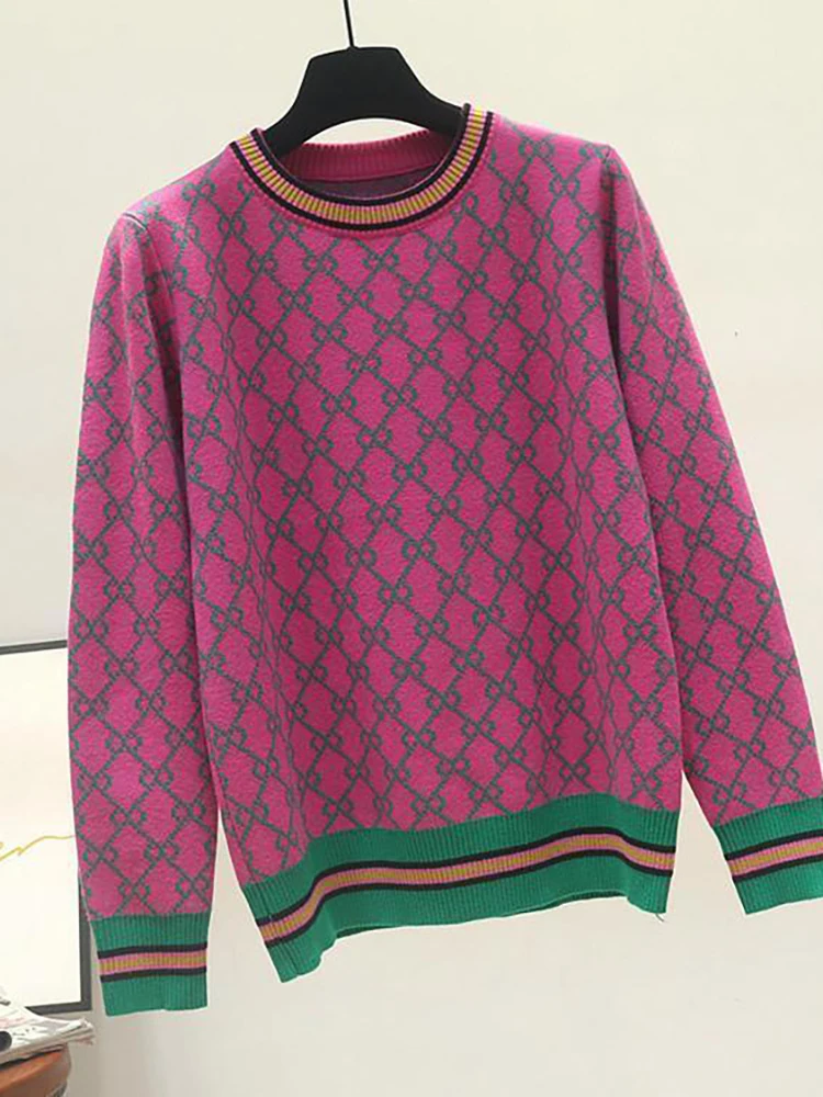 Suéter Jacquard de Confronto Geométrico feminino, pulôver solto de malha, blusa manga longa, malha casual, vintage, feminino, senhoras