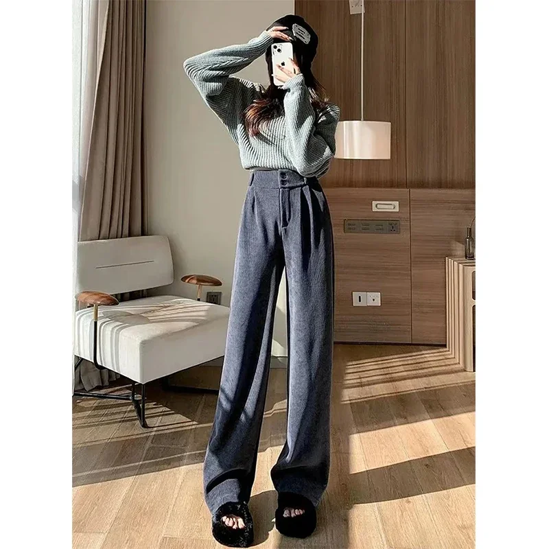 MEXZT Corduroy Wide Leg Pants Women Vintage Black Fleece Baggy Pants Winter Streetwear Korean High Waist Straight Trousers New