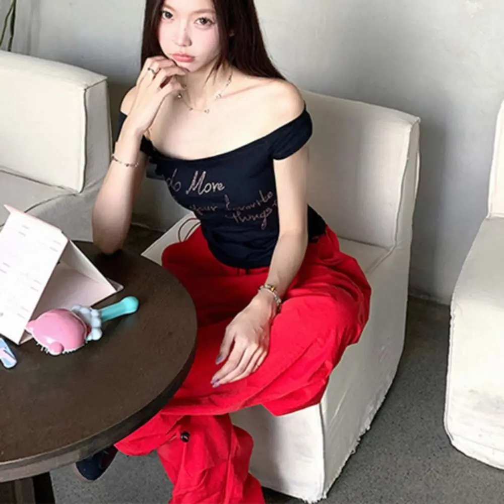 أنيقة Ins قبالة الكتف المحاصيل الأعلى سليم صالح الملابس النسائية حجر الراين تي شيرت الحلو قاع قميص المرأة الشارع الشهير #3