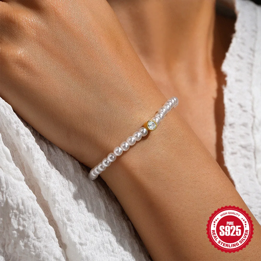 AIDE-pulsera de cadena de perlas de agua dulce para niña y mujer, brazalete de Plata de Ley 925, joyería fina