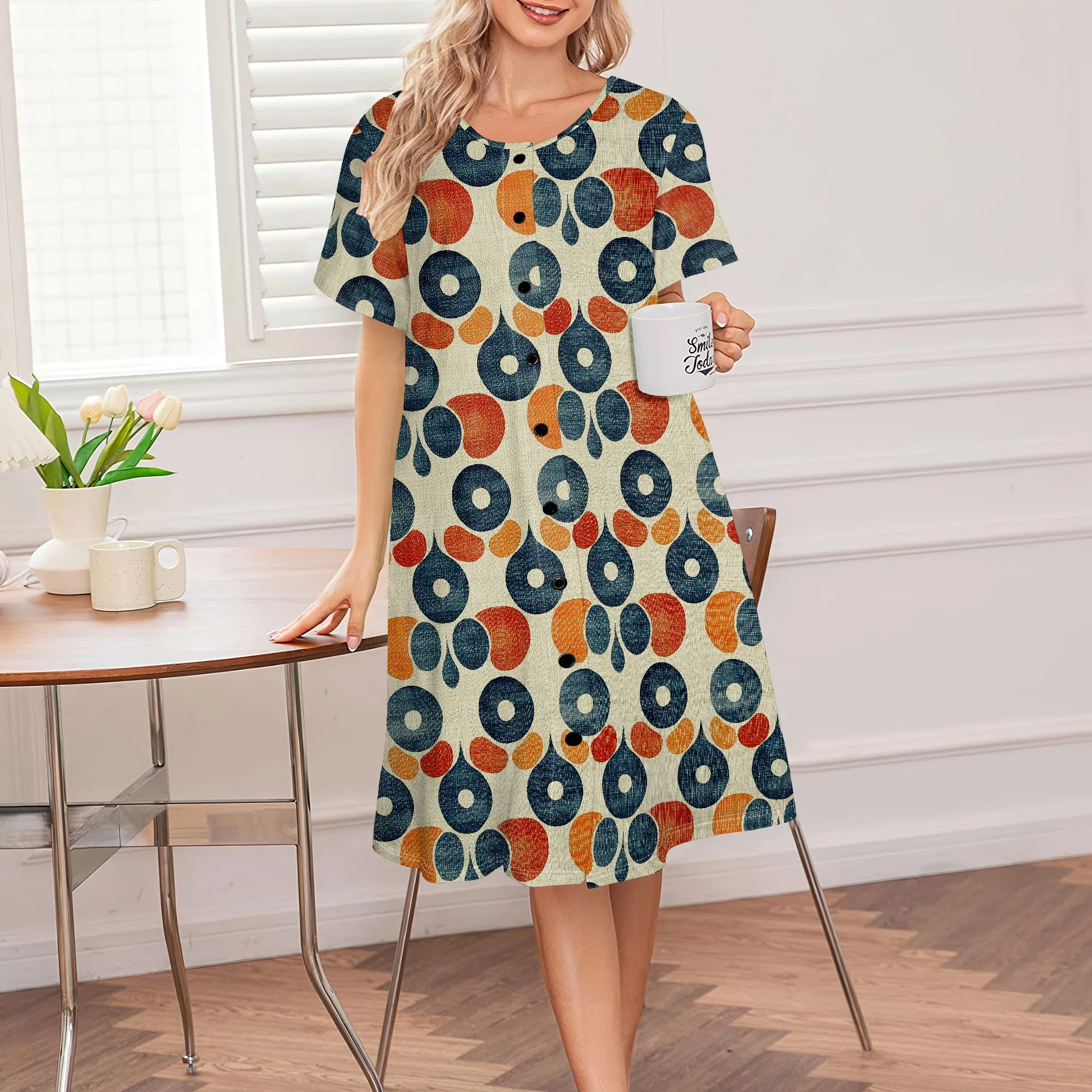 

Comfortable House Dress for Women, Abstract Print, Button Front, S-3XL Casual Home