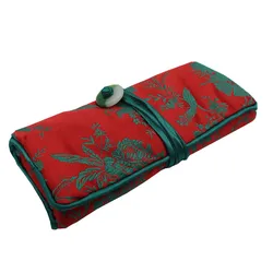 Chinês Brocado De Seda Jóias Roll Up Bags, Viagem Armazenamento Jóias Embalagem Bolsa, Mulheres Bolsa Cosmética com Gravatas, 3 Zipper