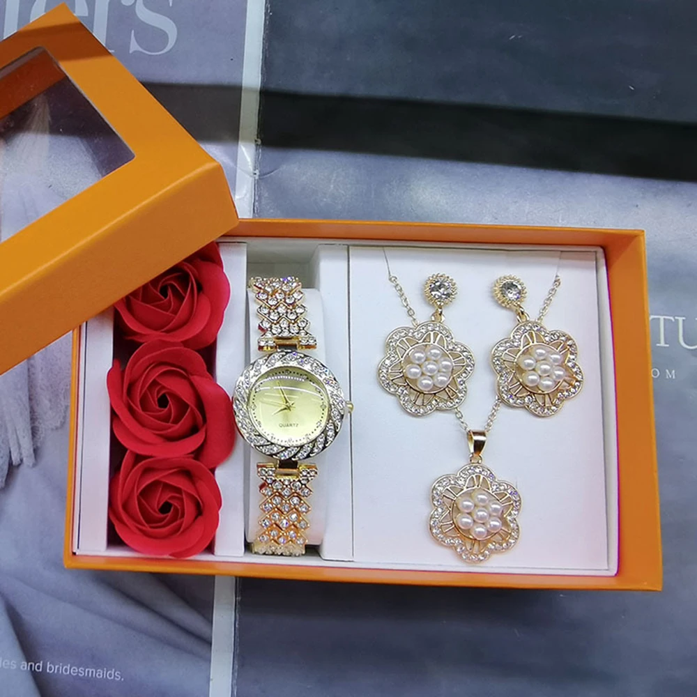 Luxury Watch Women Ring Necklace Earrings Rhinestone Fashion Wristwatch Female Casual Ladies Watches Jewelry Set Clock With Box