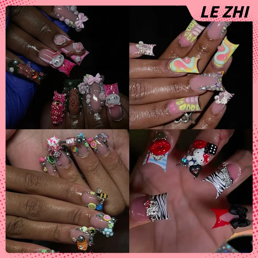 

Y2K Hello Kitty Duck Feet False Nails Spice Girl Diamond Flower 3D Handmade 10Pcs French Zebra Print Design Press On Nails Art