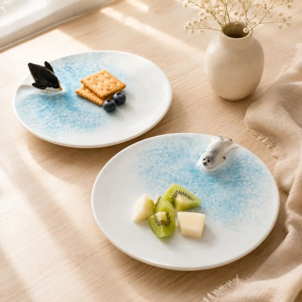 3D Cartoon Penguin Seal Ceramic Plate Creative Ocean Animal Relief Dinner Plate Cute Dessert Fruit Snack Plate Home Table Decor