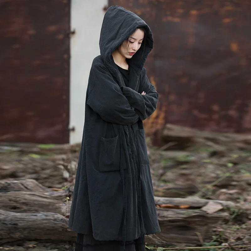 100% Cotton Women's Black Hooded Long Parka Warm Thick Winter Coat Long Sleeves Vintage Original Parkas Mori Girl Style