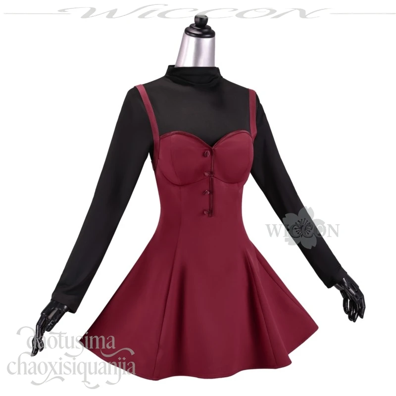 Anime WITCH ON THE HOLY NIGHT Aozaki Aoko Costume Goth Lolita Dark Brown Long Wigs Black Tshirt Red Sexy Dress Halloween Cosplay view 6