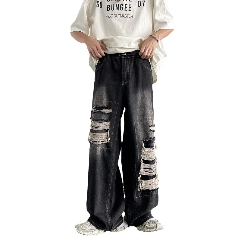 Distressed Ripped Men กางเกงยีนส์ขากว้าง Jean ล้าง Bleached Zipper Fly หลวมวินเทจสูงเอวความยาวเต็มกระเป๋า