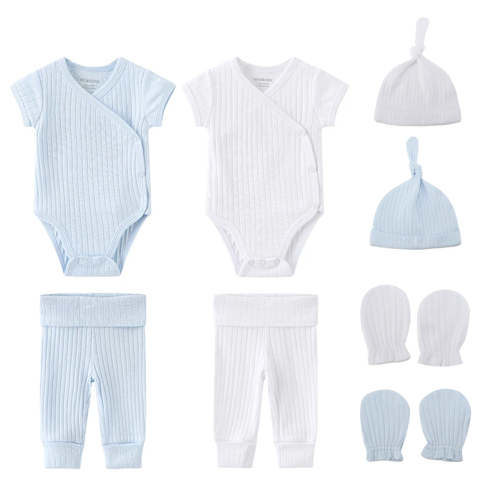 8 Pieces Unisex Newborn Baby Girl Clothes 100%Cotton Bodysuits+Pants+Hats+Gloves Sets Baby Boy Clothes Solid Color Short Sleeve