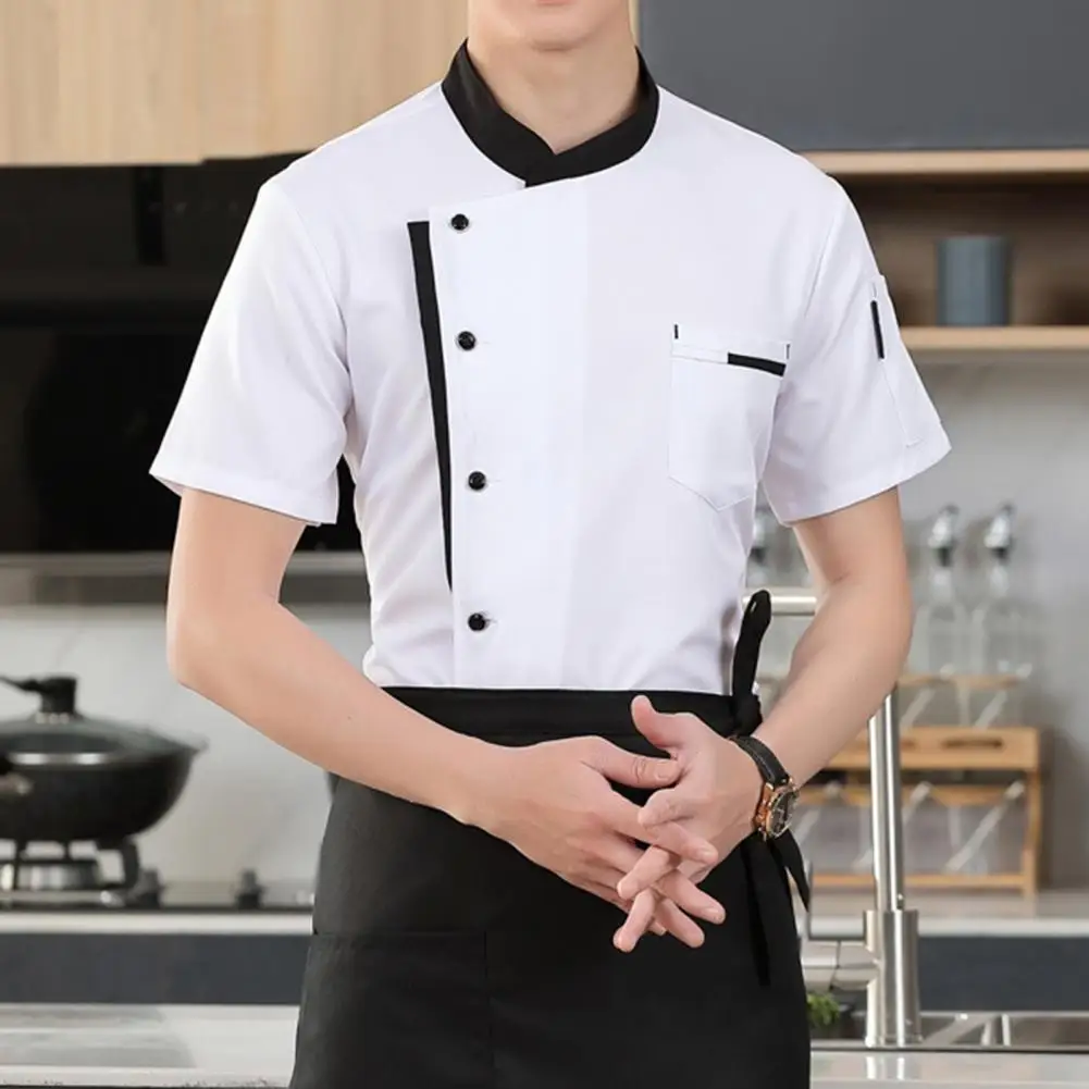 Unisex Chef uniforme conjunto com gola, Chef camisa, chapéu, avental, manga curta, restaurante, cozinhar, cozinha, hotel