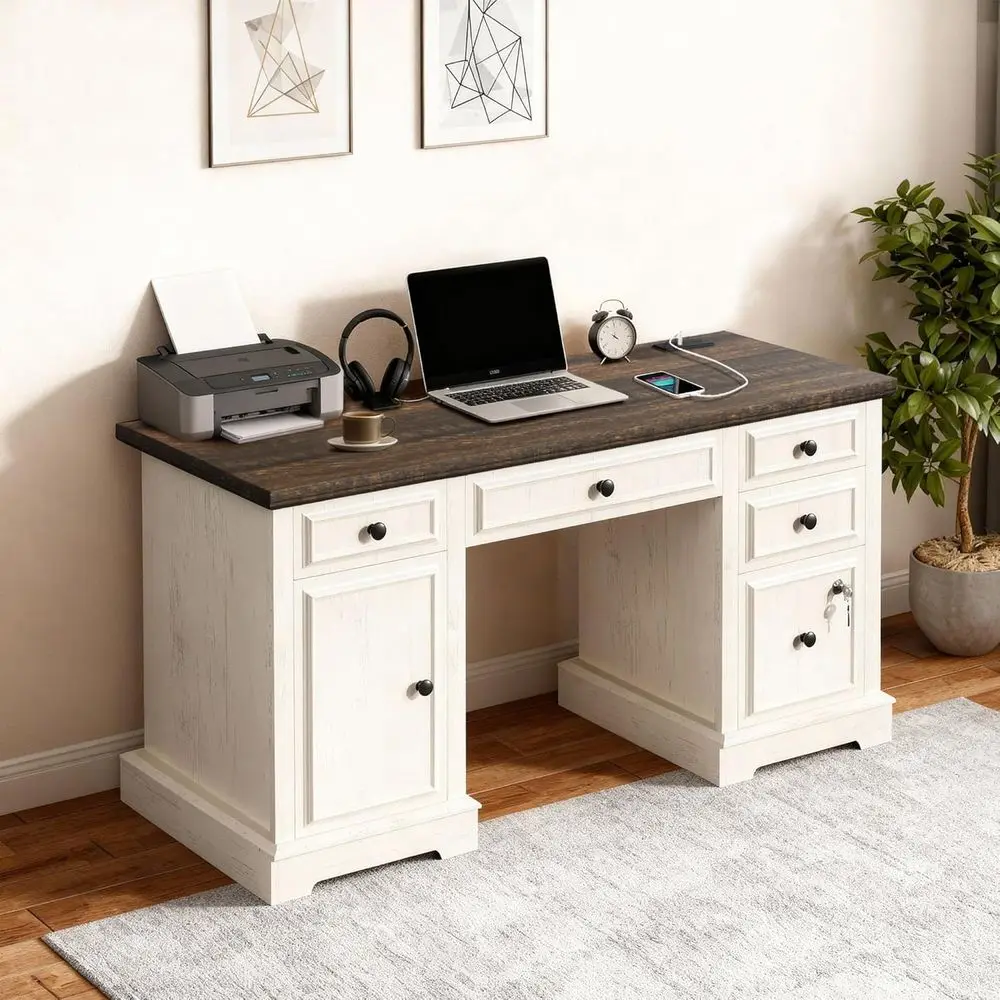 

59 Modern Home Office Desk with Drawers, Lockable File Cabinet, Storage, and Power Outlet for Work or Study (White)