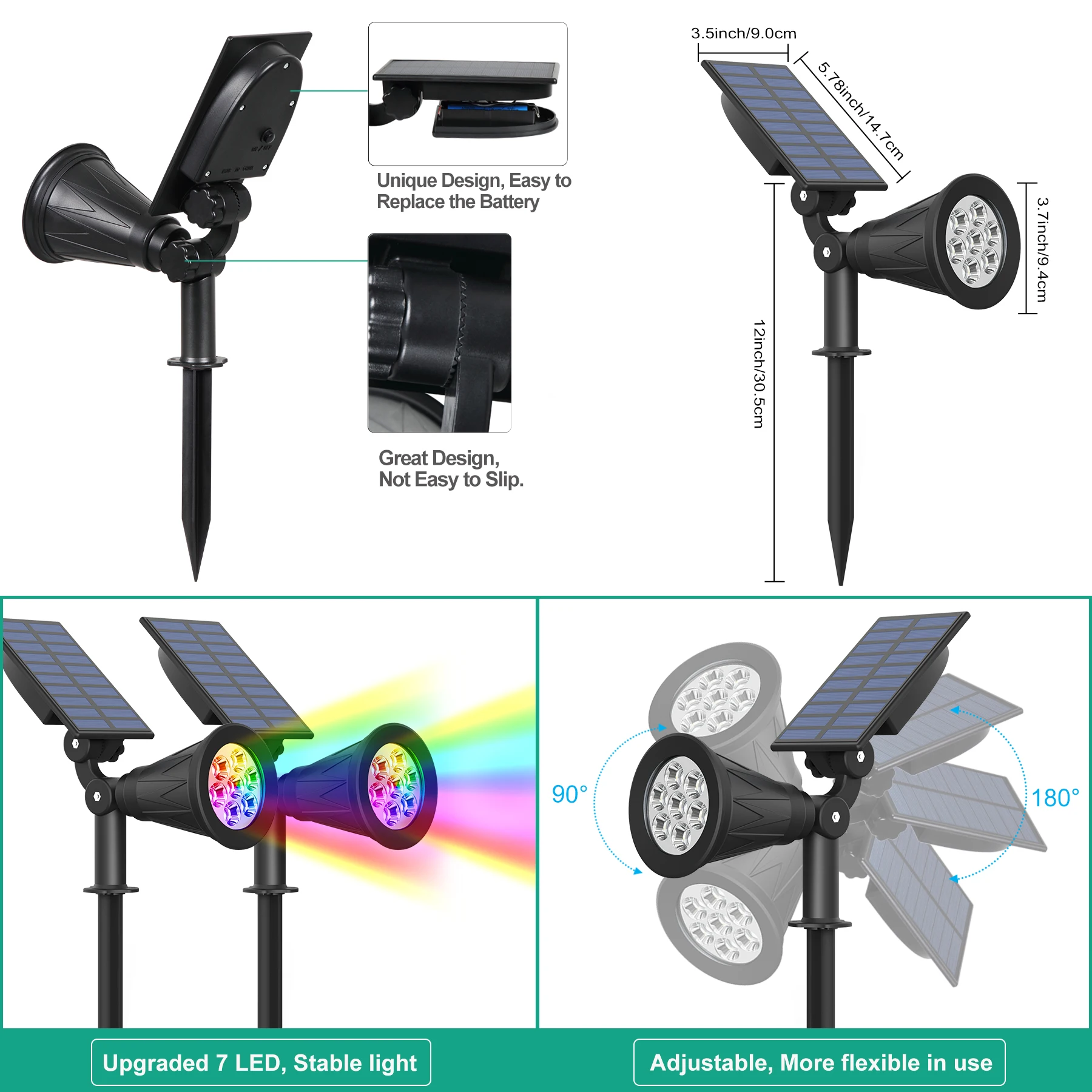 1pc/2pcs 7LED Solar Spotlight Auto Color-Changing Outdoor Lighting Garden Solar Lamp Landscape Wall Light for Decoration