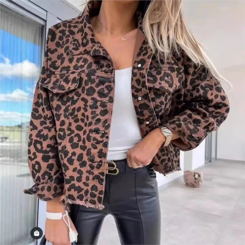 Spring Autumn Vintage Leopard Print Denim Coat Women\'s New Fashionable And Trendy Style Female Jacket Leopard Jeans Outwear 2025