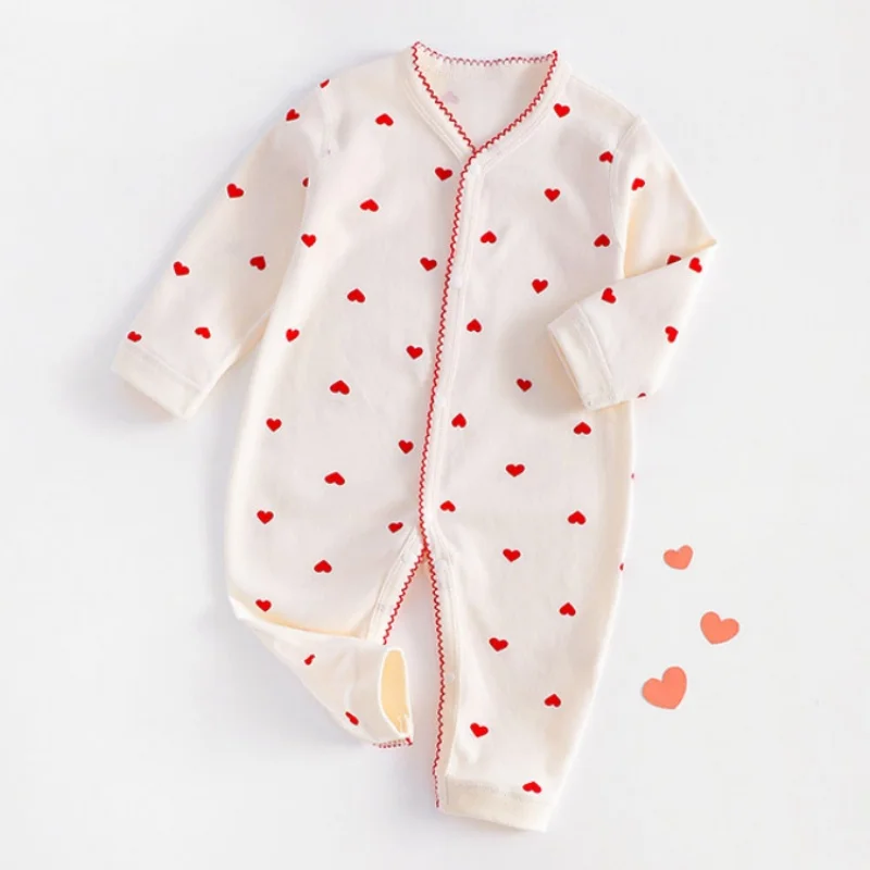 Newborn Baby Jumpsuit Kids Spring Autumn Pure Soft Cotton Boneless Heart-Shaped Print Children Girls Baby Onesie For 0-18 Months