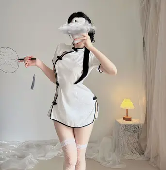 Sexy Pyjamas Cheongsam Kleid Uniform Versuchung Chinesische Traditionelle Frauen Retro Verbessern Split Qipao Rock Exotische Kostüm 3 farben