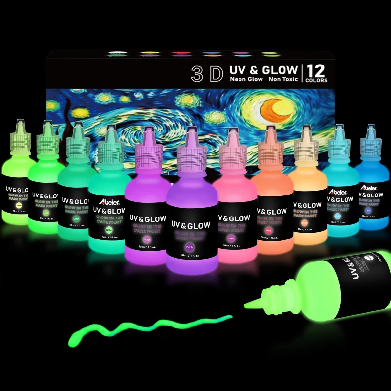 12 Color 30ml 3D Luminous Pigment Set Waterproof Sun Resistant Environmentally Friendly Glow in The Dark Paint Acrylic Paint