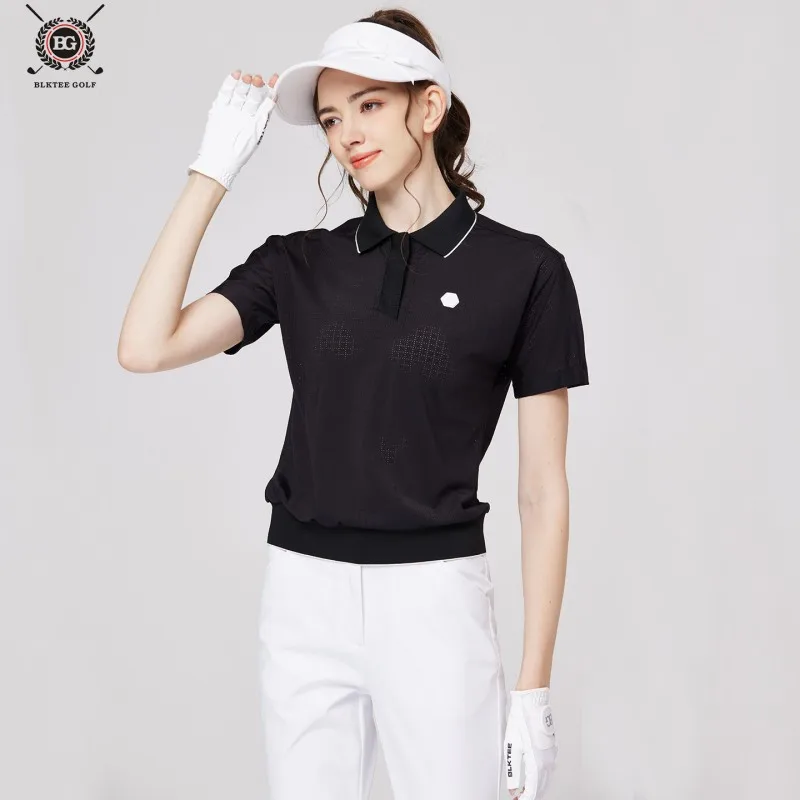 Blktee Golf Women Short-sleeved T-shirt Summer Breathable Mesh Loose POLO Shirt Ladies Elastic Solid Golf Tops S-XXL