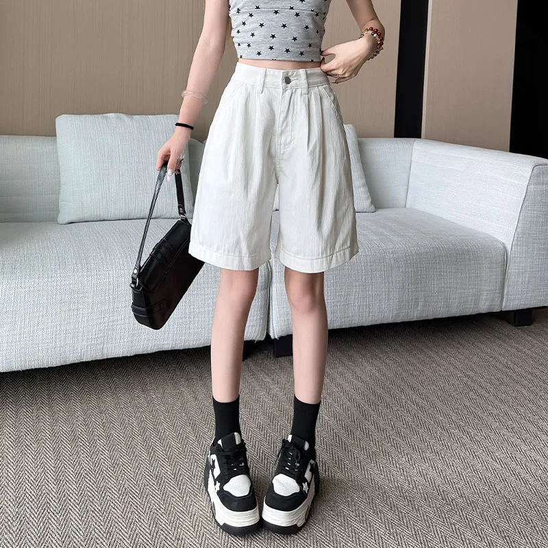 Y2K ريترو فضفاض عادية الأوسط جينس قصير صيف جديد المرأة الكورية الدنيم خمس نقاط السراويل السيدات موضة كل مباراة فضفاض الجينز