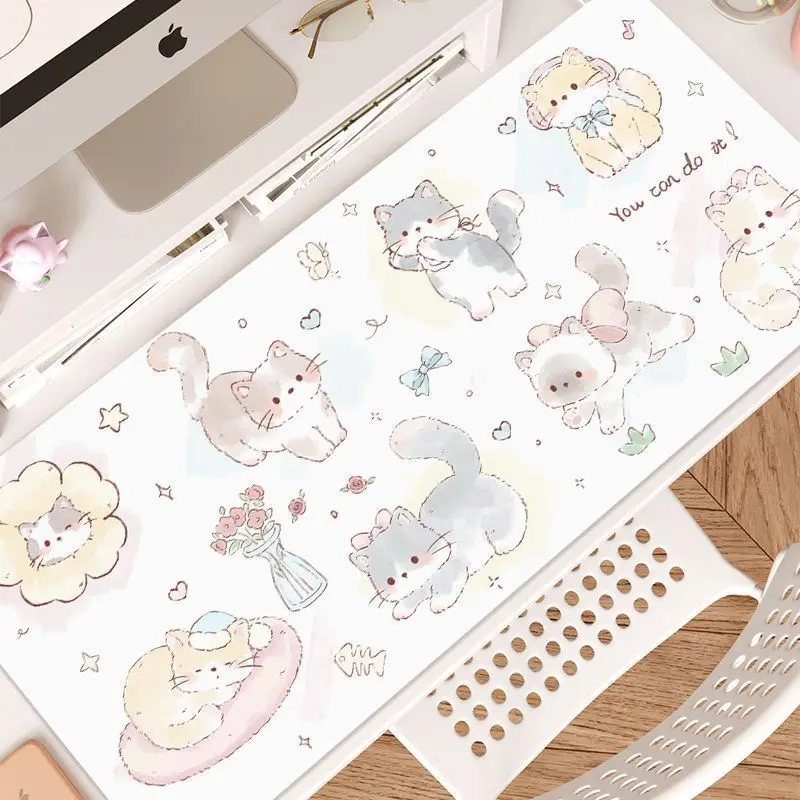 Pink Kawaii Kitten Leather Desk Pad Protector Non-Slip Large Small Mouse Pad Pc Home &Office Desk Mat PU Leather Laptop Desk Pad