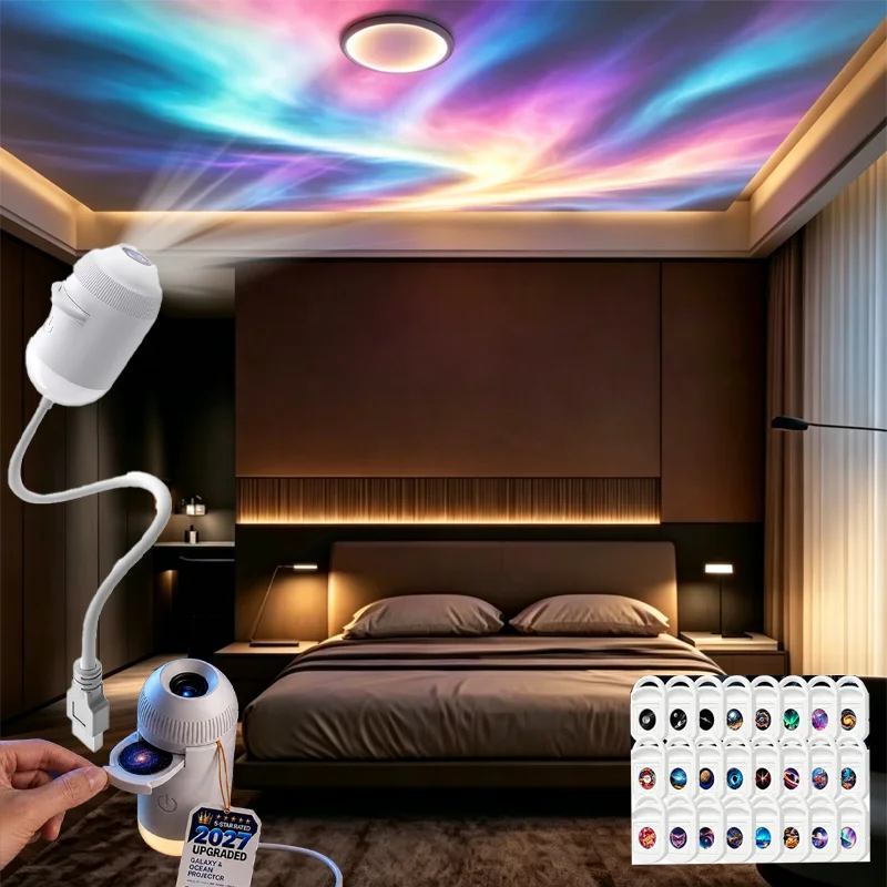 24 Films Galaxy Ocean Projector Night Light 2-in-1 USB Starry Ceiling Lamp with 360° Gooseneck Portable Room Atmosphere Decor