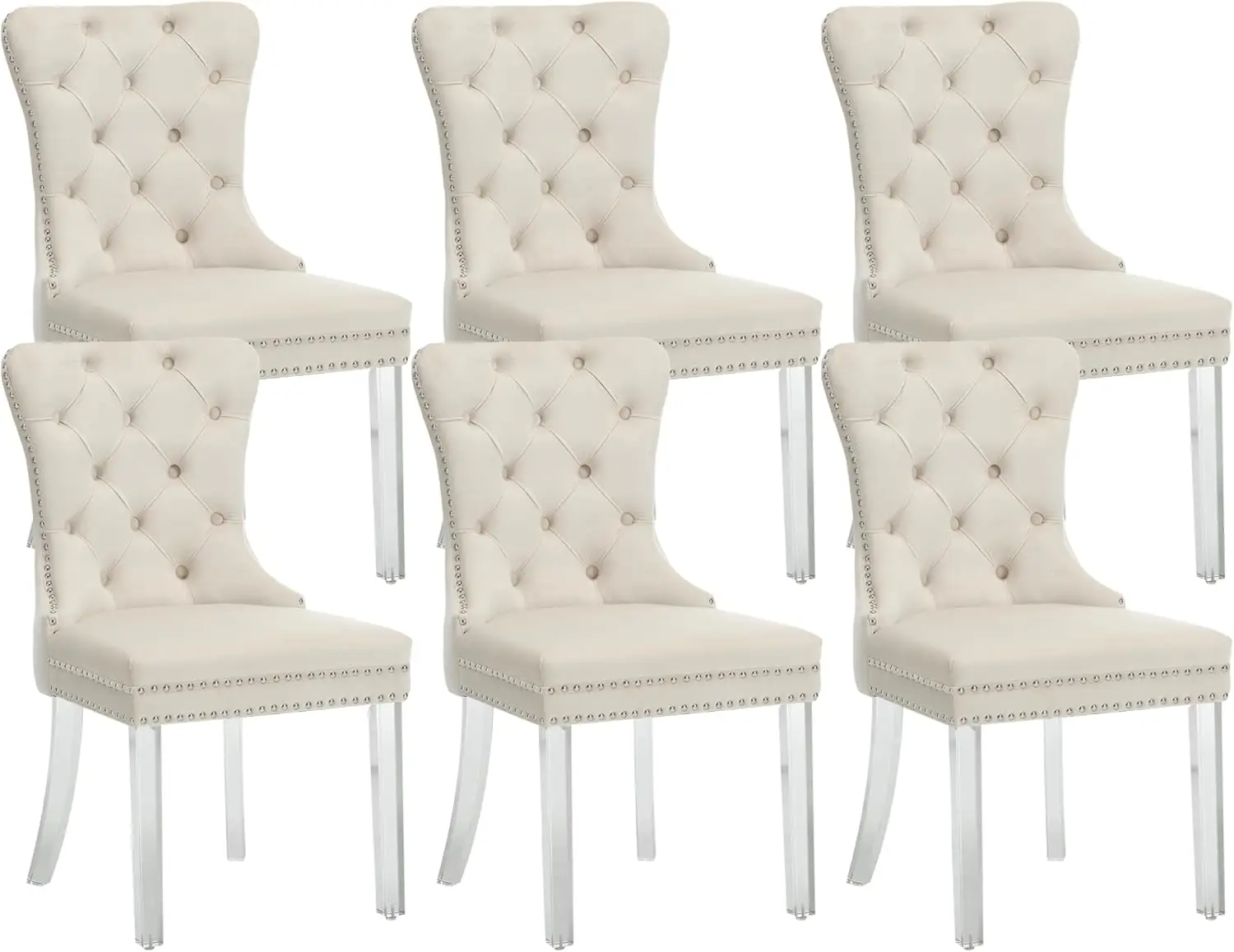 

Velvet Dining Chairs Set of 6 Upholstered Tufted Wingback Dining Room Chair Nailhead Back Ring Pull Trim Solid Acrylic Legs