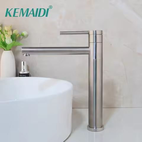 KEMAIDI Tall Bathroom Faucet Basin Sink Nickel Brushed Tap Hot Cold Water Mixer Tap Deck Mounted Bathroom Faucet